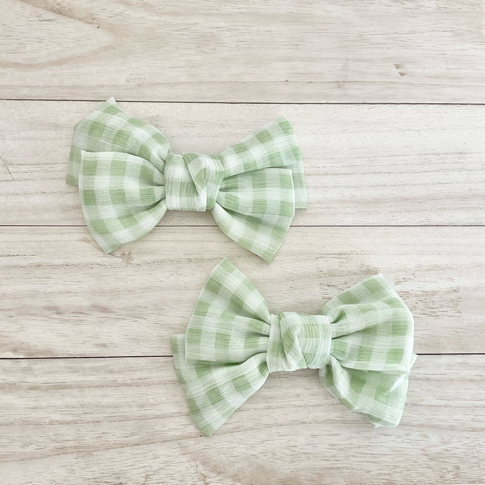 Girls Mint Gingham Hair Bow Set